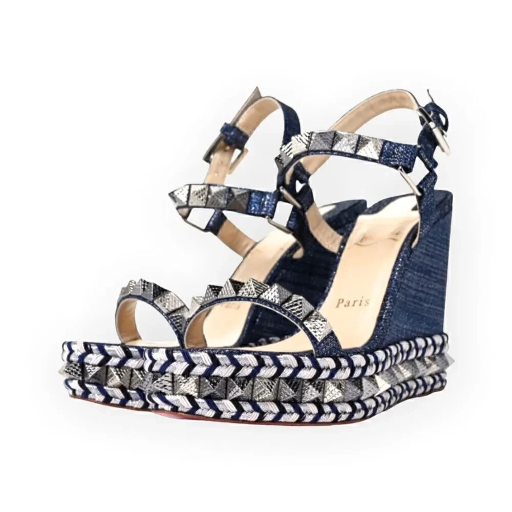 CHRISTIAN LOUBOUTIN Denim Lame Lux Pyraclou 110 Wedge Sandals |Size: 39|